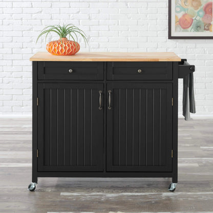 O&Co Black Wooden Rolling Kitchen Cart